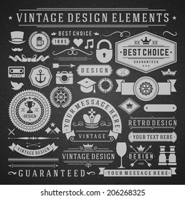 Vintage vector design elements. Retro chalk style golden typographic labels, tags, badges, stamps, arrows and emblems set. 