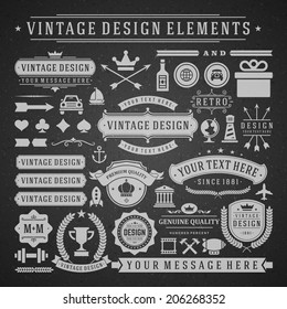 Vintage vector design elements. Retro chalk style golden typographic labels, tags, badges, stamps, arrows and emblems set. 