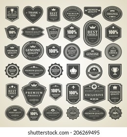 Vintage vector design elements. Retro style sale typographic labels, tags, badges, stamps, arrows and emblems set. 