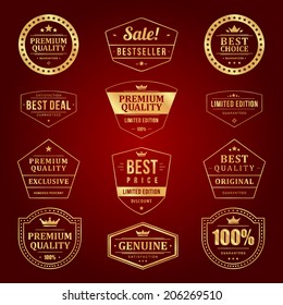 Vintage vector design elements. Retro style golden typographic labels, tags, badges, stamps, arrows and emblems set. 