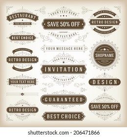 Vintage vector design elements. Retro style typographic, flourishes and calligraphic elements. Labels, ribbons, ornaments decorations,  badges, stamps, sale signs set