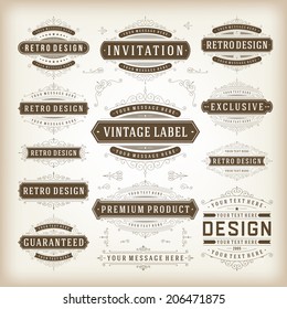 Vintage vector design elements. Retro style typographic, flourishes and calligraphic elements. Labels, ribbons, ornaments decorations,  badges, stamps, sale signs set