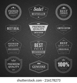 Vintage vector design elements. Retro style chalkboard typographic labels, tags, badges, stamps, arrows and emblems set. 