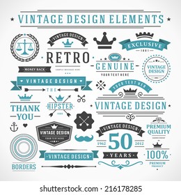 Vintage vector design elements. Retro style typographic, flourishes and calligraphic objects.Labels, ribbons, symbols, tags, badges, stamps, arrows and emblems set. 