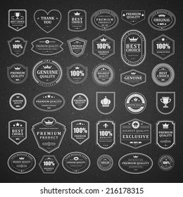 Vintage vector design elements. Retro style chalkboard typographic labels, tags, badges, stamps, arrows and emblems set. 