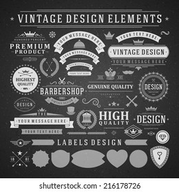 Vintage vector design elements. Retro style golden typographic labels, tags, badges, stamps, arrows and emblems set. 