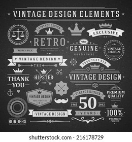 Vintage vector design elements. Retro style golden typographic labels, tags, badges, stamps, arrows and emblems set. 