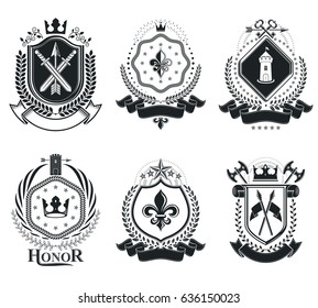 Vintage vector design elements. Retro style labels, heraldry. Coat of Arms collection, vector set.