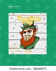 Vintage Vector design greetings card or poster. evil leprechaun in cap print for t-shirt. Leprechaun head with gold teeth for poster. Saint Patrick's Day character leprechaun with green hat, red beard