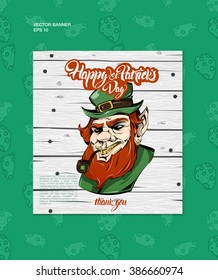 Vintage Vector design greetings card or poster. evil leprechaun in cap print for t-shirt. Leprechaun head with gold teeth for poster. Saint Patrick's Day character leprechaun with green hat, red beard