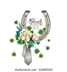 Vintage vector design with horseshoes, rabbit foots,roses and clover isolated on white background. Decorations for Saint Patrick's Day