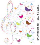 vintage vector design with singing birds and notes isolated on white background