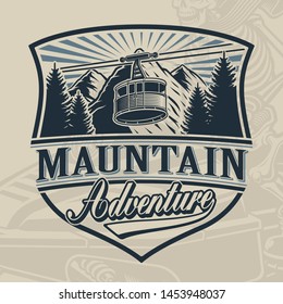 Vintage vector design of a ski lift with mountains on light background.