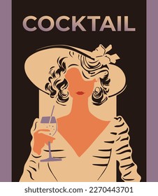 Vintage vector drawing girl and cocktail. Poster in vintage style.