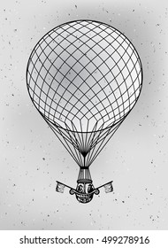 Vintage vector drawing of hot air balloon flying in the sky. Retro style.