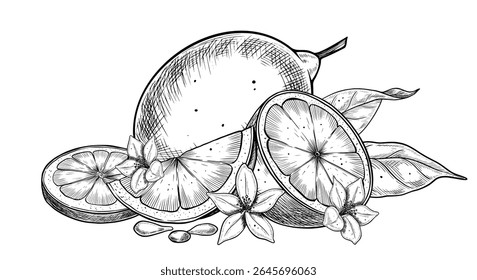 Desenho vetor vintage de limão, fatias, sementes e flores de citros. Desenho linear de frutas cítricas para rótulos de alimentos naturais, embalagens botânicas, receitas e produtos cosméticos. Gravação para menu.