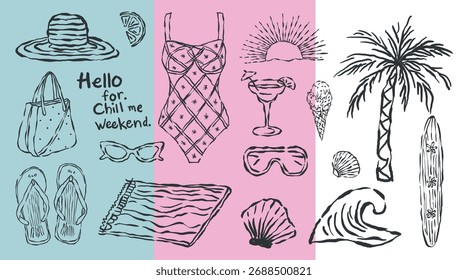 Vintage vector drawing set of summer beach hand drawn fashion icons illustration