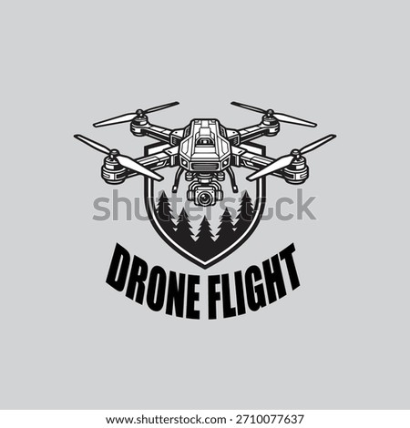 Vintage Vector Drone Flight Logo with Shield and Pine Trees