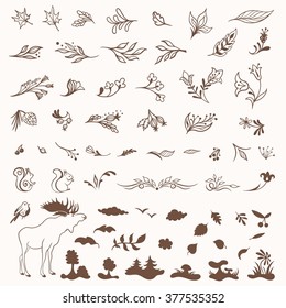 Vintage Vector Eco Spring Objects Set | Bundle of elegant sketch nature symbols - leaves, flowers, animals for design