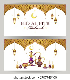 Vintage vector Eid Al-Fitr Mubarak greeting card. Arabic lanterns hanging from arches with floral ornament.  Hookah and coffee pot for Muslim feast of Ramadan month. Eastern style. 