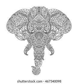 Vintage vector elephant head with tribal ornaments. Traditional ethnic background, tattoo, African, Indian, Thai, spirituality, boho design. For print, posters, t-shirts, textiles, coloring book.