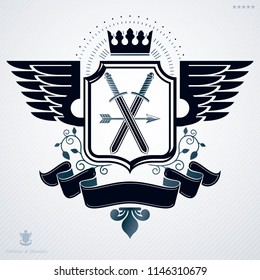 Vintage vector emblem made in heraldic design and decorated with wings, monarch crown and swords 