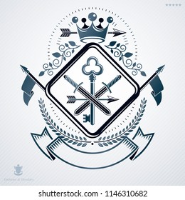 Vintage vector emblem made in heraldic design and decorated with monarch crown and armory 