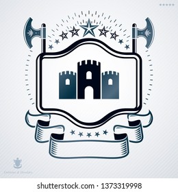 Vintage vector emblem made in heraldic design and decorated with medieval fortress and pentagonal stars 