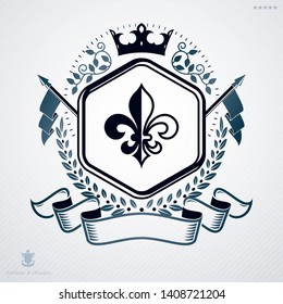 Vintage vector emblem made in heraldic design and decorated with monarch crown and flags 