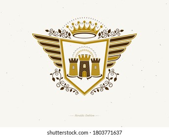 Vintage vector emblem made in heraldic design and decorated with monarch crown and medieval stronghold