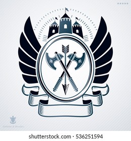 Vintage vector emblem made in heraldic design with wings, armory and tower