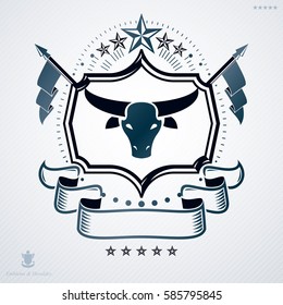 Vintage vector emblem made in heraldic design and decorated with pentagonal stars and buffalo head