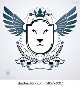 Vintage vector emblem made in heraldic design and decorated with royal crown stars and lion head