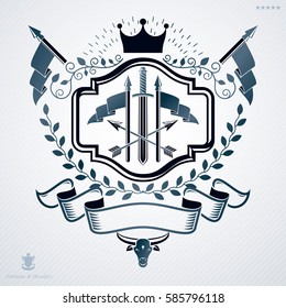 Vintage vector emblem made in heraldic design and decorated with laurel leaf, monarch crown and weapon