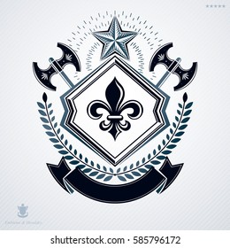 Vintage vector emblem made in heraldic design and decorated with laurel leaf and two hatchets