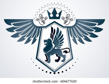 Vintage vector emblem made in heraldic design and decorated with monarch crown, eagle wings and lion illustration