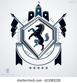 Vintage vector emblem made in heraldic design and decorated with medieval tower and horse illustration