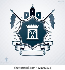 Vintage vector emblem made in heraldic design and decorated with medieval castle and curvy ribbon