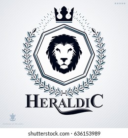 Vintage vector emblem made in heraldic design with laurel leaf, lion head and royal crown