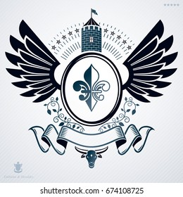 Vintage vector emblem made in heraldic design with wings, stars and medieval fortress
