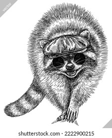 Vintage vector engrave isolated dressed fashion raccoon set illustration costume cut ink sketch. Wild pet background line glasses hipster hat racoon art