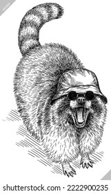 Vintage vector engrave isolated dressed fashion raccoon set illustration costume cut ink sketch. Wild pet background line glasses hipster hat racoon art