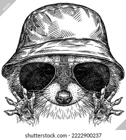Vintage vector encierra raccoon de moda vestida aislada set ilustración corte boceto de tinta. Lentes de fondo de mascotas salvajes gafas de sombrero hipster arte de mapache