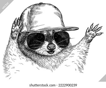 Vintage vector encierra raccoon de moda vestida aislada set ilustración corte boceto de tinta. Lentes de fondo de mascotas salvajes gafas de sombrero hipster arte de mapache