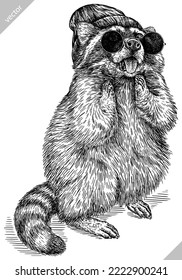 Vintage vector engrave isolated dressed fashion raccoon set illustration costume cut ink sketch. Wild pet background line glasses hipster hat racoon art