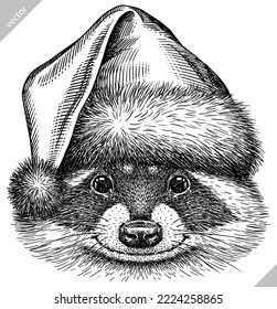 Vintage vector engrave isolated dressed christmas raccoon set illustration santa costume cut ink sketch. Wild pet background line new year hat racoon art