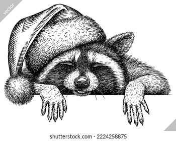 Vintage vector encierra aislado vestido de navidad raccoon set ilustración santa disfraz corte sketch de tinta. Línea de fondo de mascota silvestre arte de racoon de año nuevo
