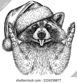 Vintage vector encierra aislado vestido de navidad raccoon set ilustración santa disfraz corte sketch de tinta. Línea de fondo de mascota silvestre arte de racoon de año nuevo