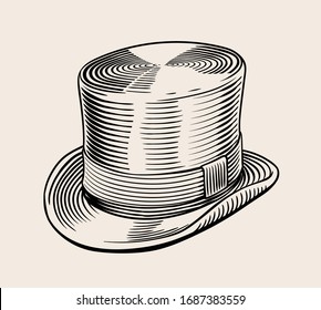 Vintage vector engraved line art illustration of classic top hat. High quality Black and white isolated drawing.