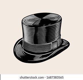 Vintage vector engraved line art illustration of classic top hat. High quality Black and white isolated drawing.